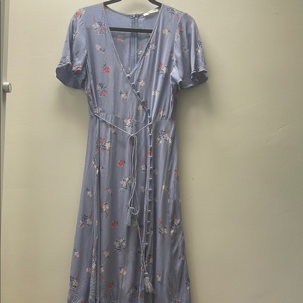 Madewell Purple and Blue Flutter Sleeve Tie Front Midi Dress